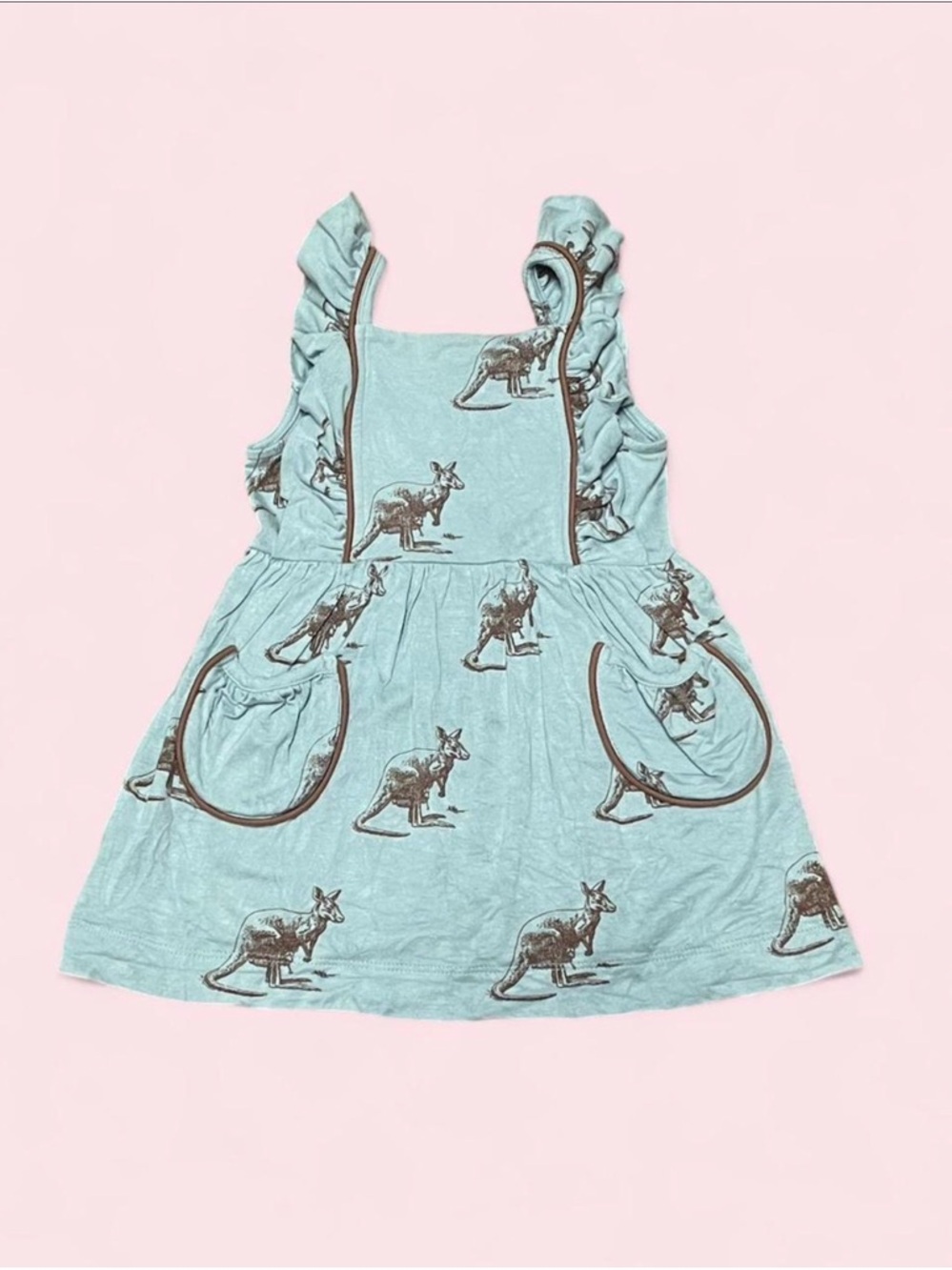 Kate Quinn Bamboo Dress 12-18M Kangaroo Print Boho Twirl Ruffle Pocket